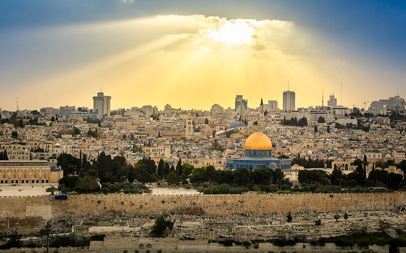 Dramatic sky over Jerusalem, view from the Olive Mountain, taken shortly before a thunderstorm