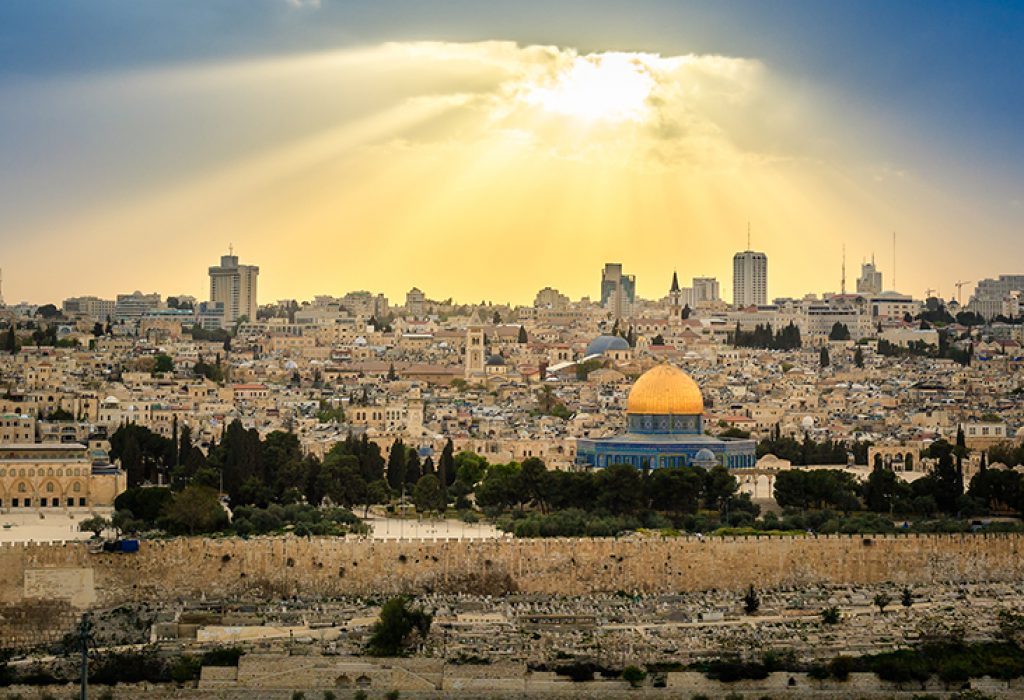 Dramatic sky over Jerusalem, view from the Olive Mountain, taken shortly before a thunderstorm