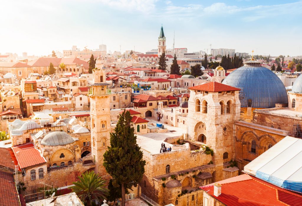 Old City of Jerusalem with the aerial view. View of the Church of the Holy Sepulchre, Israel.