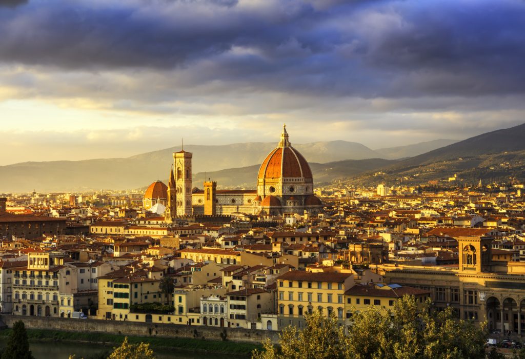 Florence or Firenze, Duomo Cathedral, Basilica Santa Maria del Fiore landmark and Giotto Campanile Sunset view from Michelangelo park square. Italy, Europe.