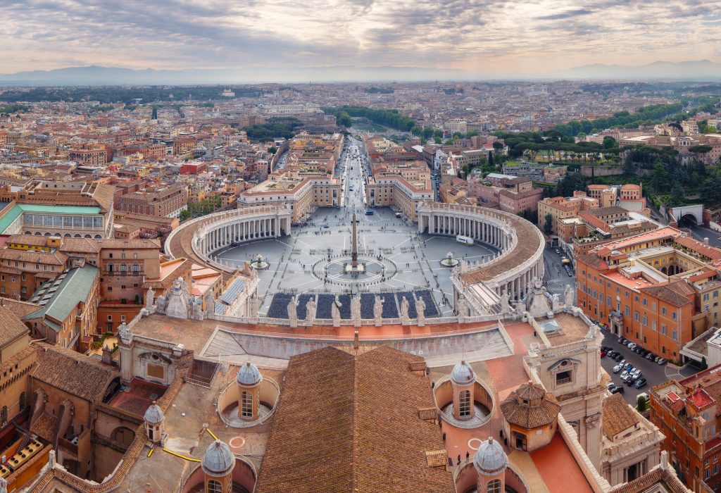 Panoramic view from St Peters basilica in Vatican, Rome, Italy